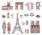 Country France trip guide of goods, places in thin lines style design. Set of architecture, fashion, people, nature