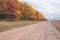 Country gravel road in rural Wisconsin with fall color autumn trees - yellow, orange, red, and brown