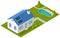 Country house, dacha, small cottage with solar panels on roof, green lawn, swimming pool in yard