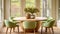 Country house dining room with round designer hardwood table green bucket style chairs hardwood oak flooring Generative AI