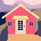 Country house in the forest. Farm in the countryside. Cottage among trees. Cartoon vector illustration.