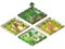 Country house and large garden. Set of 3d cottage isometric illustration