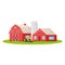 Country house with red barn, farmer tractor and granary building on green farm field plot cartoon vector illustration, isolated on