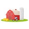 Country house with red barn, farmer tractor and granary building on green farm field plot cartoon vector illustration, isolated on