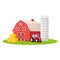 Country house with red barn, farmer tractor and granary building on green farm field plot cartoon vector illustration, isolated on