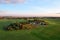 Country houses in the countryside. Aerial view of roofs of green field with rural homes. Village with wooden home. Suburban house