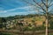 Country houses on a valley with woods and road