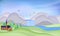 Country landscape. Freehand drawn cartoon outdoors style. Farm houses, green fields on the background of mountains and