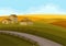 Country landscape with houses, road, green-yellow fields. Natural scenery. Small village. Flat vector design