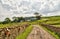 Country lane bordered by stone walls and fields.