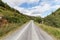 Country lane in Powys, Wales. Landscape view over Welsh countryside near Hafren forest