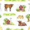 Country life farm elements seamless pattern. Hand drawn cow, red barn, tree, windmill, green meadow, hay, house elements