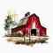 Country Living: Hand Drawn Red Barn in a Western Ranch Setting Watercolor AI Generated