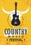 Country Music Festival Creative Vector Textured Poster Concept With Guitar and Cow Skull On Grunge Wall Background
