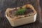 Country pate with meat and liver on wooden background