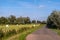 Country road along mown grassland with plastic wrapped bales of