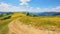 country road down the hills and grassy meadows rolling in to the distant valley