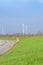 Country Road, green meadow and three wind turbines on the blue sky