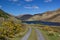 Country road lead to forestless hills and intensive blue lake, Scotland