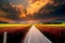 a country road is lined with tall grasses as the sun sets