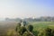 Country road through verdant farmland in sunny foggy winter morn