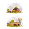 Country or Rural View with Barn House, Windmill and Tractor Vector Set