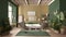Country rustic bedroom, eco interior design in green tones, sustainable parquet floor, pallet bed with pillows, armchairs and