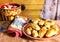 Country style still life with garlic, pies , table cloth and ki