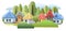 Country suburban village. Funny cartoon style. Farm hut in the garden. Fairy tale illustration for children. Art