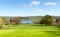 Country view at Blagdon Lake Somerset England UK south of Bristol