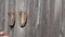 Country woman hand hang old rusty horseshoes on old wooden door - symbol of luck. 4K