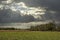 Countryside dutch meadow landscape with grass under scenic stormy sky. Panorama of dramatic landscape