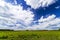 Countryside field natural background. Green grass and blue sky. Cloud scape in sunny day. Russia