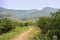 Countryside footpath in flowering mountain of sunny spring