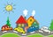 Countryside, group of cars on the road and houses and trees, vector illustration.