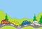 Countryside, group of cars on the road and trees, vector illustration.