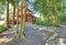 Countryside house backyard with gravel walkway