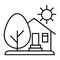 Countryside house, sun and tree thin line icon. House with tree and sun vector illustration isolated on white. Organic