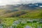 The countryside in Iceland With a full bloom of the lupine The background is hills and high mountains