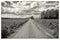 Countryside landscape in black and white of dramatic clouds and country road