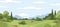 Countryside landscape with green grass, trees, sky horizon and clouds. Rural summer scenery with grassland, panoramic