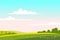 Countryside landscape green hill. Panorama nature fields blue sky clouds sun rural. Green tree and grass rural land