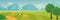 Countryside landscape panorama with mountains on horizon cartoon flat vector illustration. Picturesque panoramic green