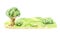 Countryside landscape watercolor illustration. Green field, bushes, tree forming out town view. Country green meadow and