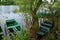 countryside landscape willow trunk and submerged wooden boats