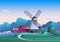 Countryside morning landscape with mill and farm on meadow, trees and forest on background - flat vector illustration