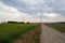 Countryside narrow road next to a flowery field at daytime under the clouded sky