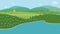 Countryside nature landscape with farm.Vector illustration.Natural scene with hills trees river road  mountain cloud