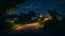 Countryside, night rural view landscape shwing green field and home with light AI generated image