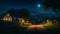 Countryside, night rural view landscape shwing green field and home with light AI generated image